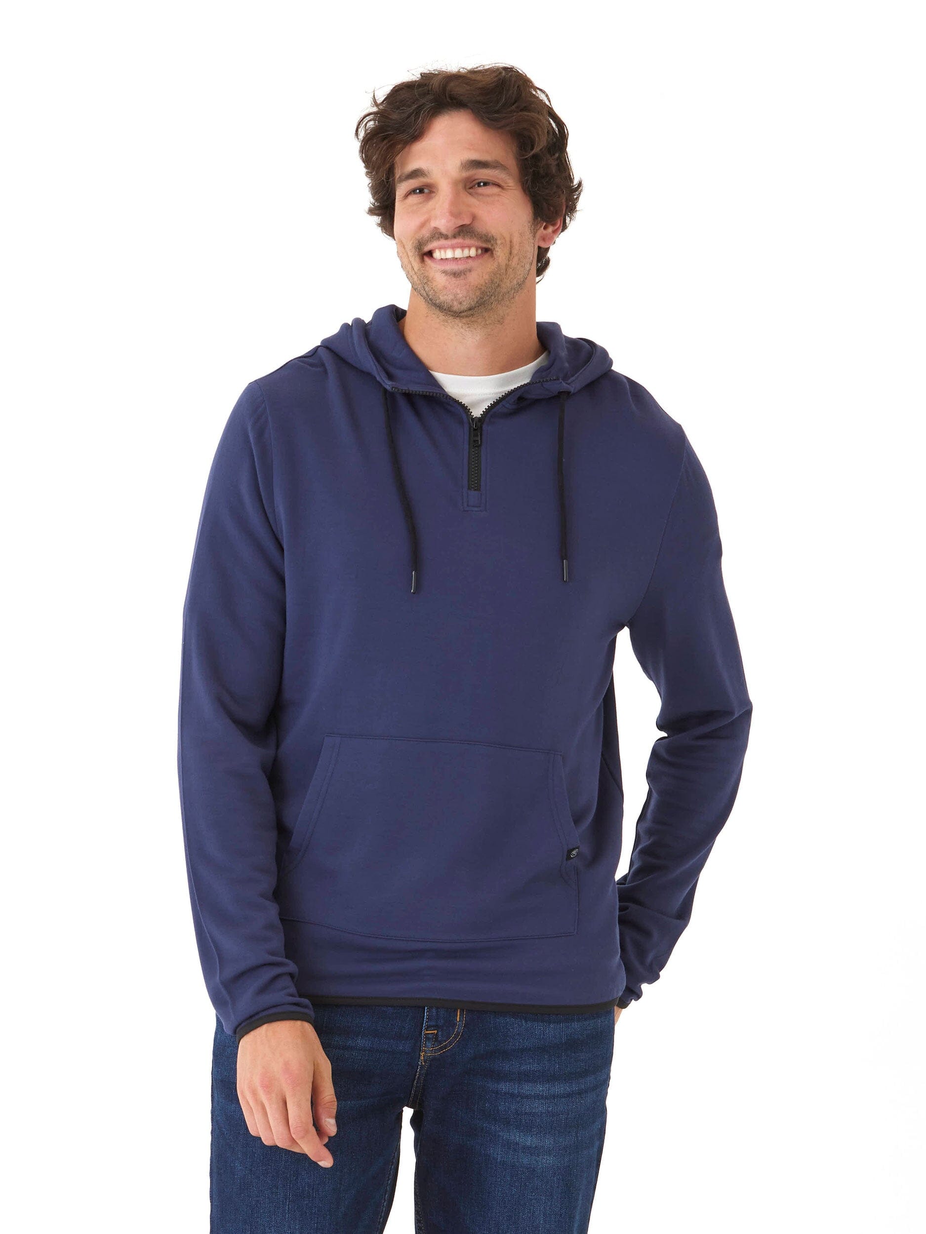 Khris Men's 1/4 Zip Feather Fleece Hoodie in Navy and Black