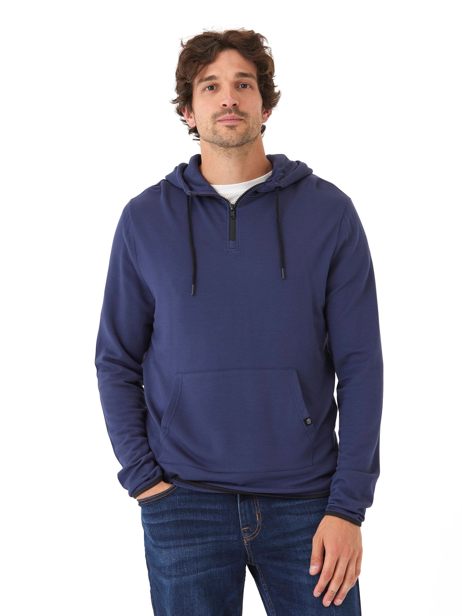 Men's Khris 1/4 zip feather fleece hoodie available in navy blue or black