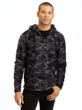 Men wearing a black camo patterned half-zip polar fleece hoodie in a streetwear style.