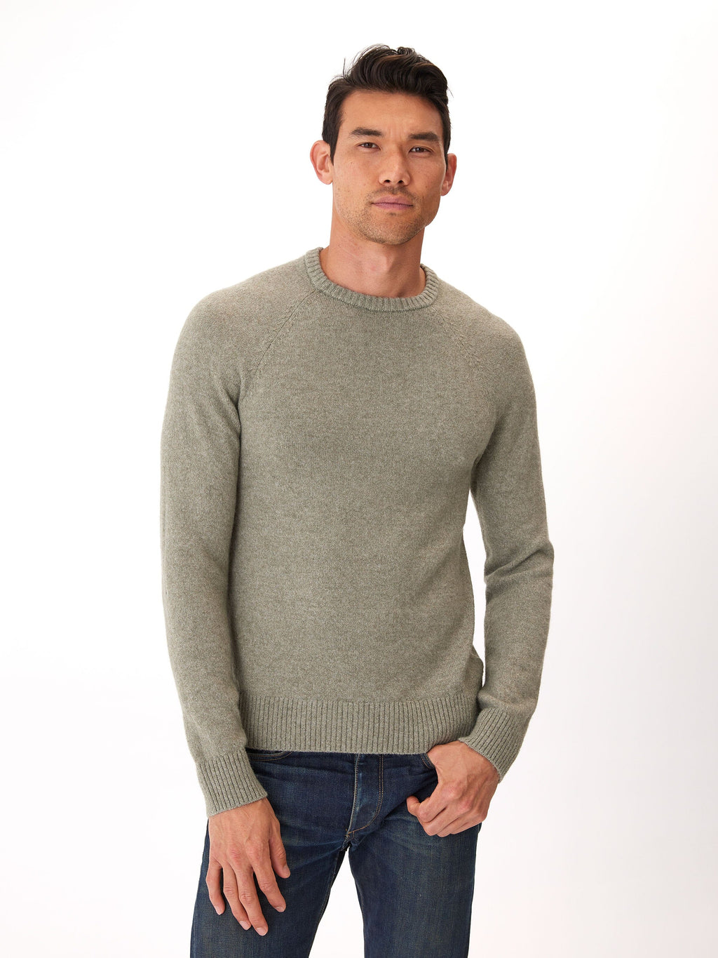 Alejandro Raglan Crew Neck Sweater in Olive Green and Heathered Grey