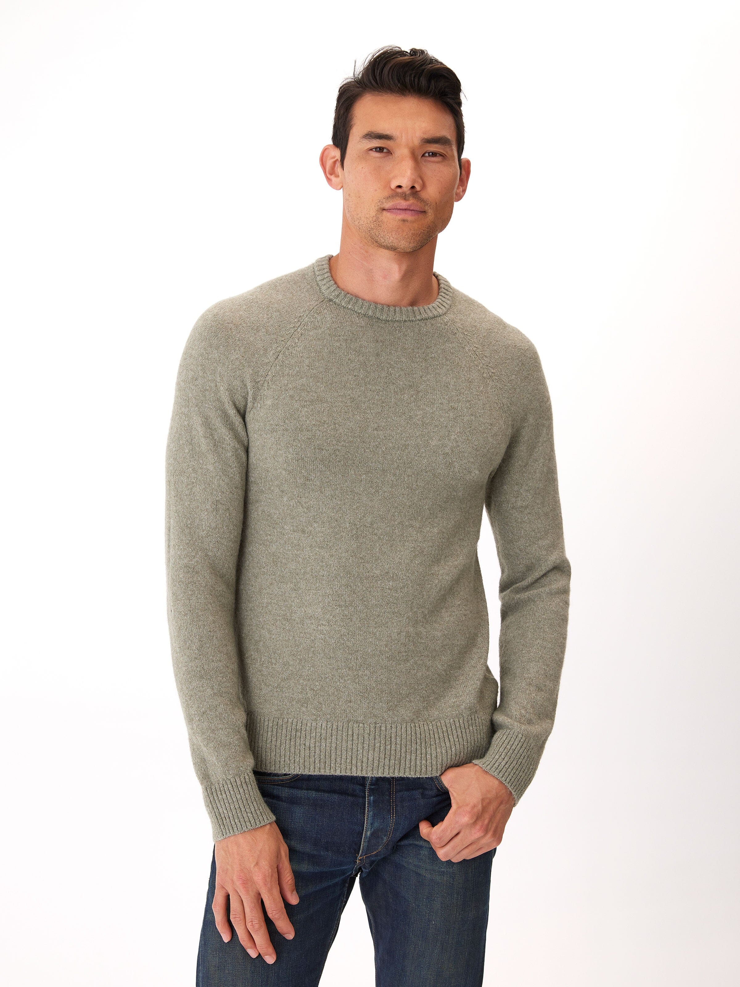 Alejandro Raglan Crew Neck Sweater in Olive Green and Heathered Grey
