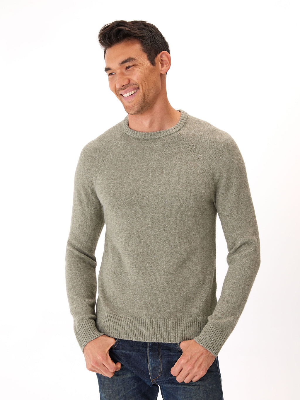Alejandro Raglan Crew Neck Sweater in Olive Green and Heathered Grey
