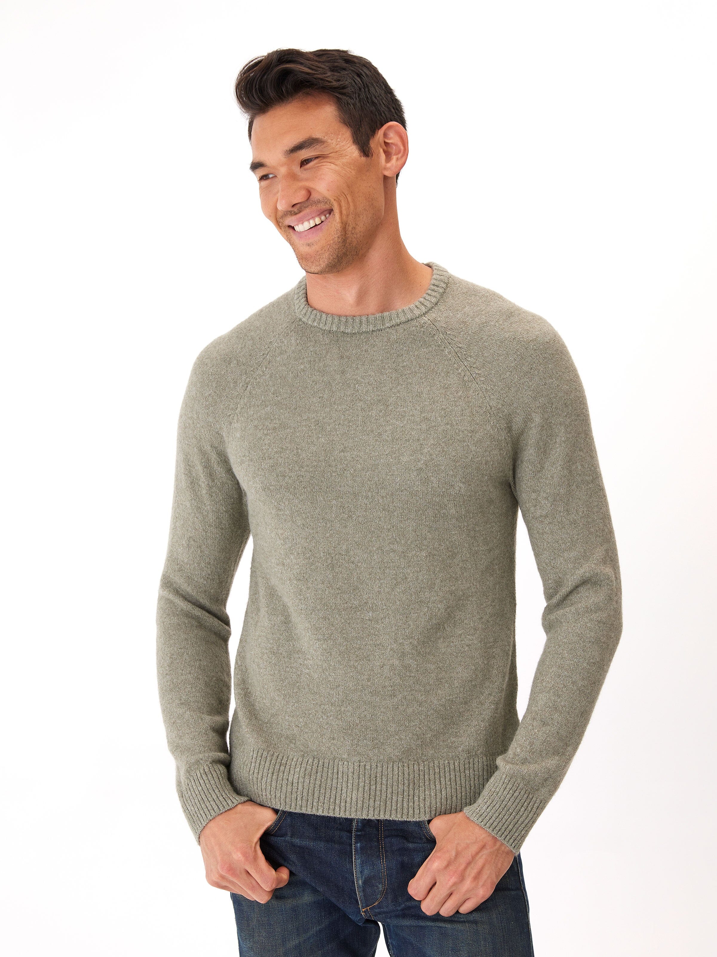 Alejandro Raglan Crew Neck Sweater in Olive Green and Heathered Grey