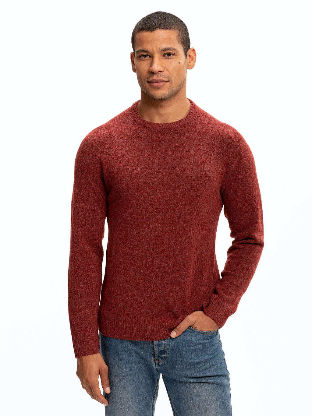 Men's classic raglan crew neck sweater in maroon, made from soft sustainable knit fabric.