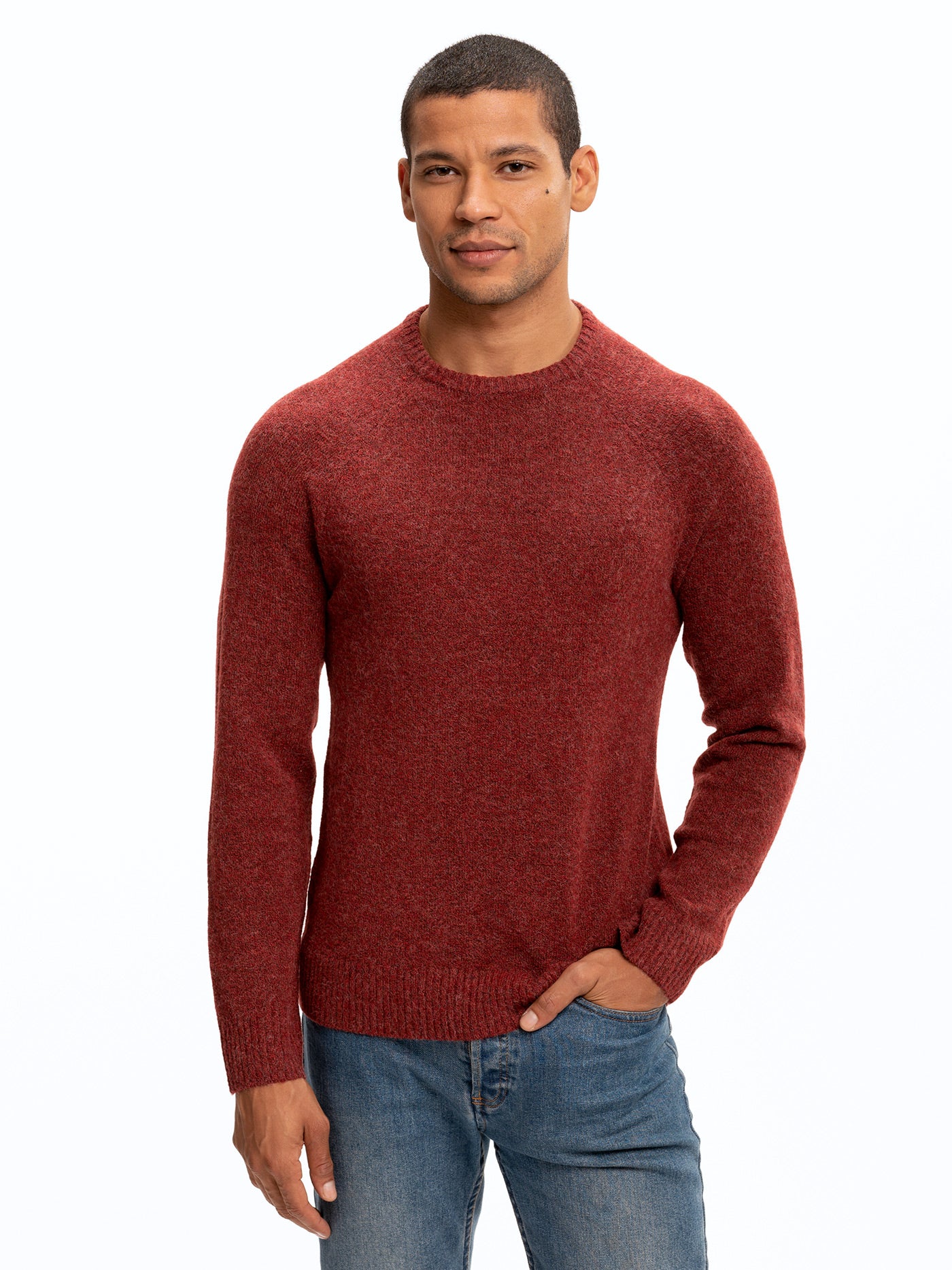 Men's classic raglan crew neck sweater in maroon, made from soft sustainable knit fabric.