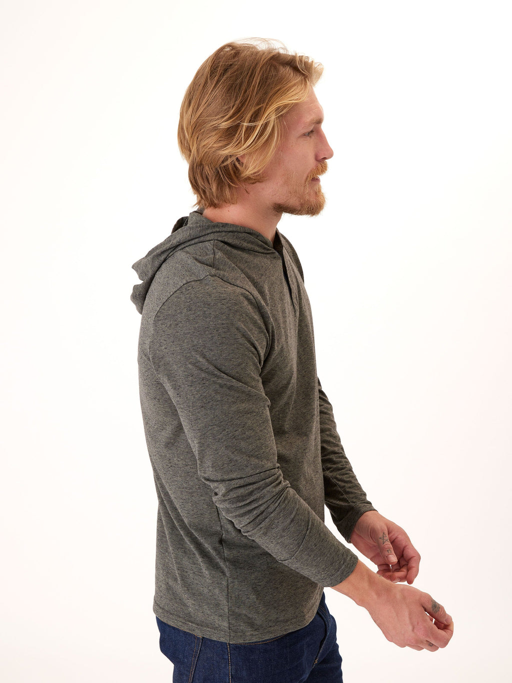 Black Fleck Triblend Henley Hoodie with Textured Knit