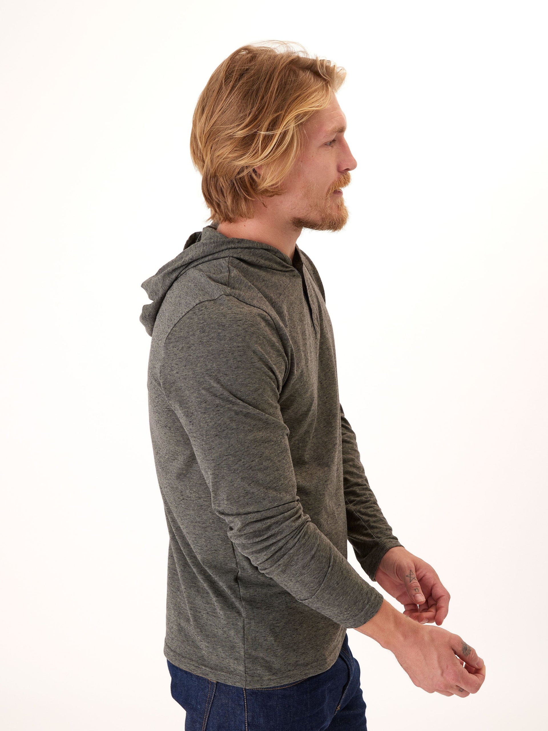 Black Fleck Triblend Henley Hoodie with Textured Knit