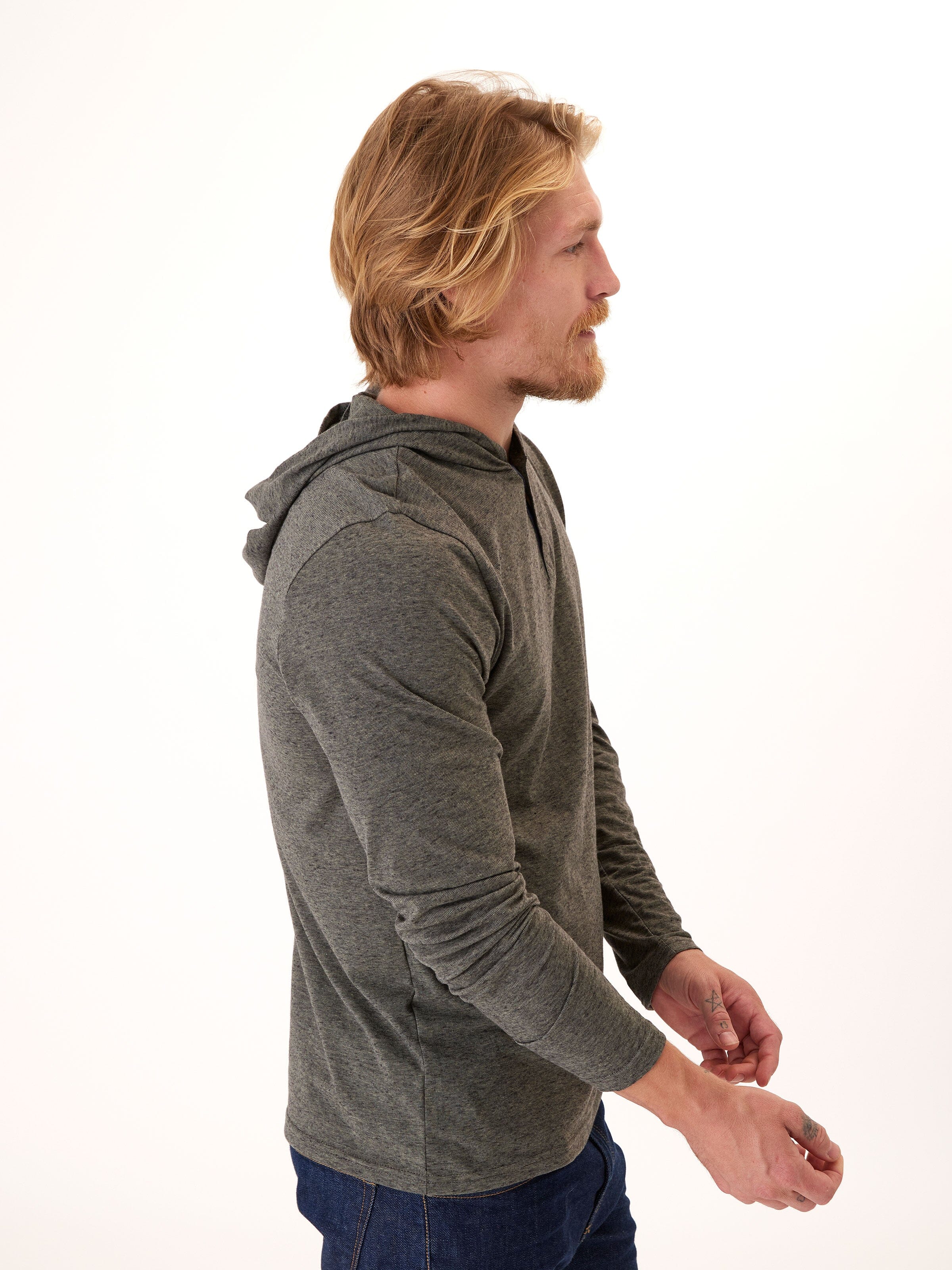 Black Fleck Triblend Henley Hoodie with Textured Knit