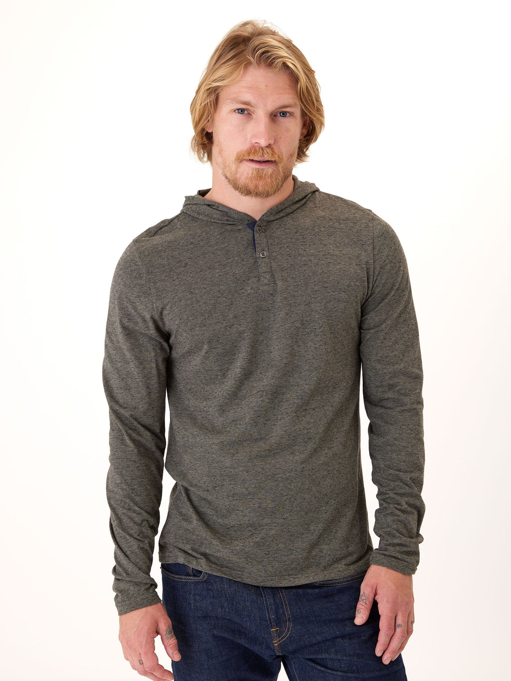 Black Fleck Triblend Henley Hoodie with Textured Knit