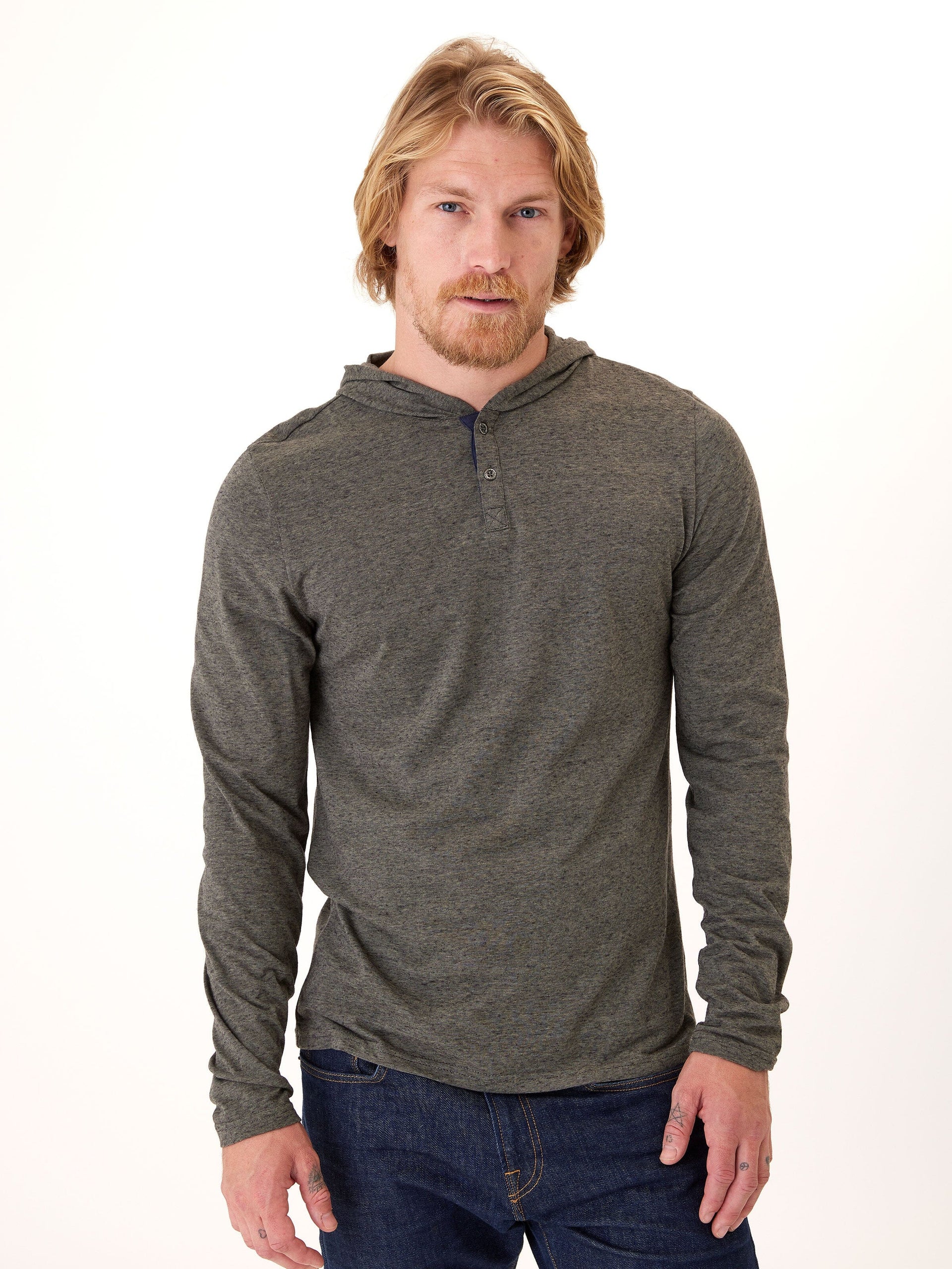 Black Fleck Triblend Henley Hoodie with Textured Knit