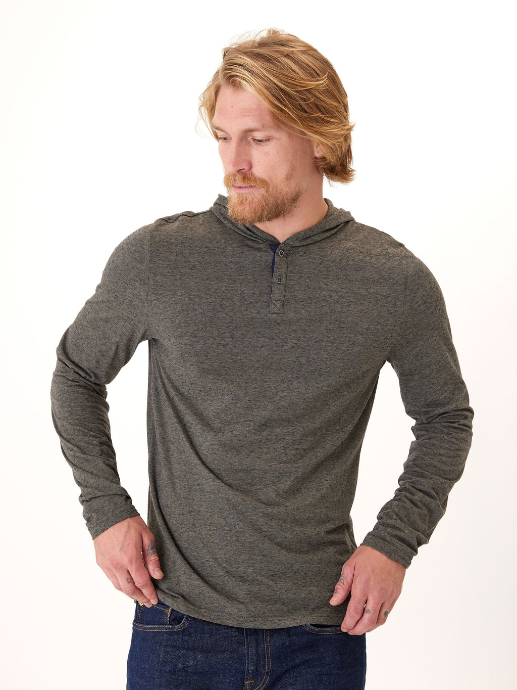 Black Fleck Triblend Henley Hoodie with Textured Knit