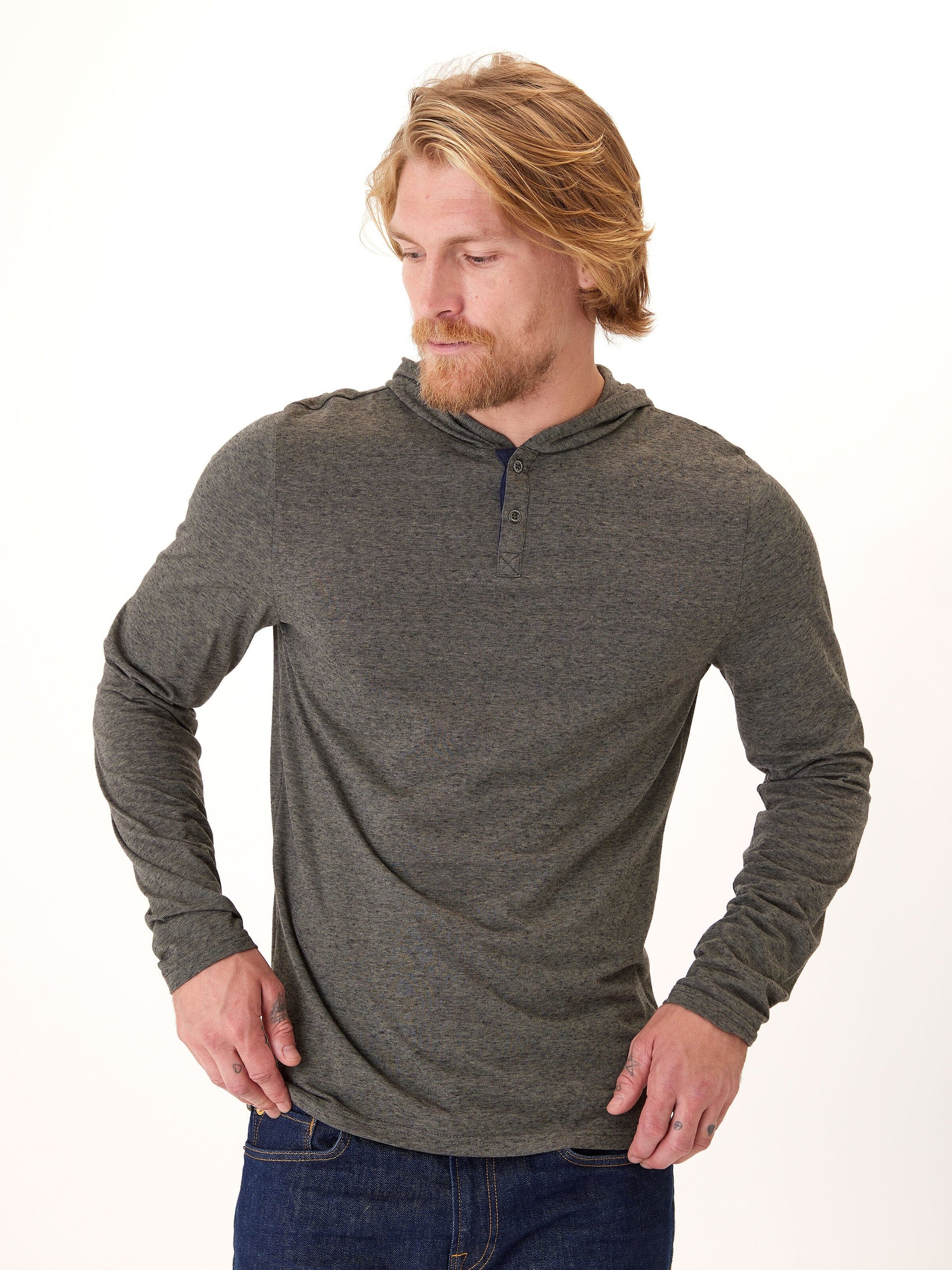 Black Fleck Triblend Henley Hoodie with Textured Knit