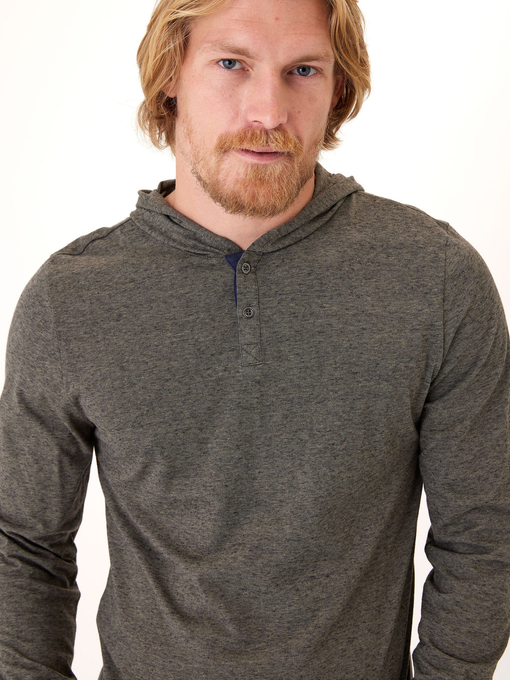 Black Fleck Triblend Henley Hoodie featuring a two-button placket and textured knit fabric