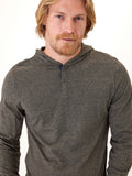 Black Fleck Triblend Henley Hoodie featuring a two-button placket and textured knit fabric