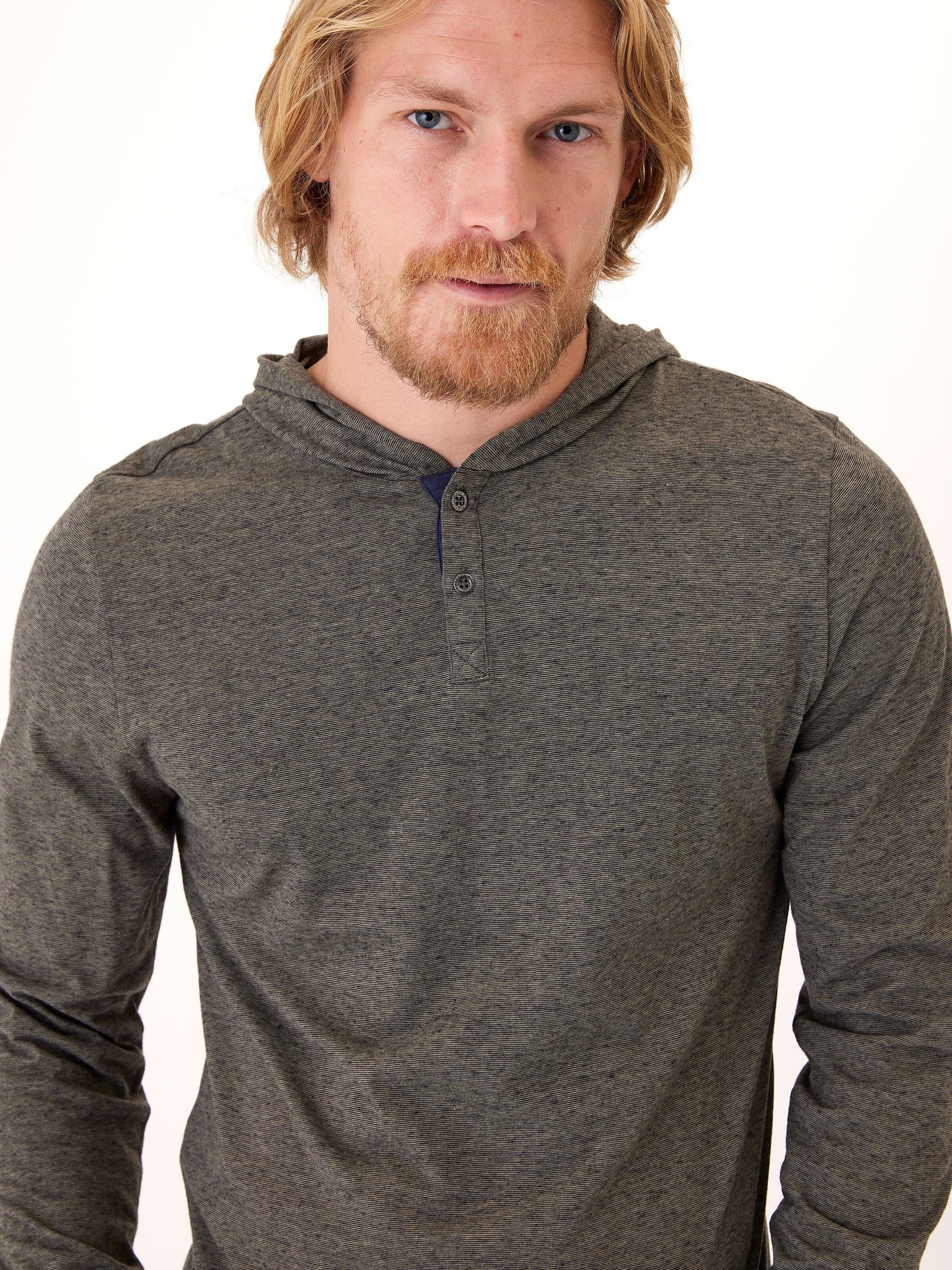 Black Fleck Triblend Henley Hoodie featuring a two-button placket and textured knit fabric