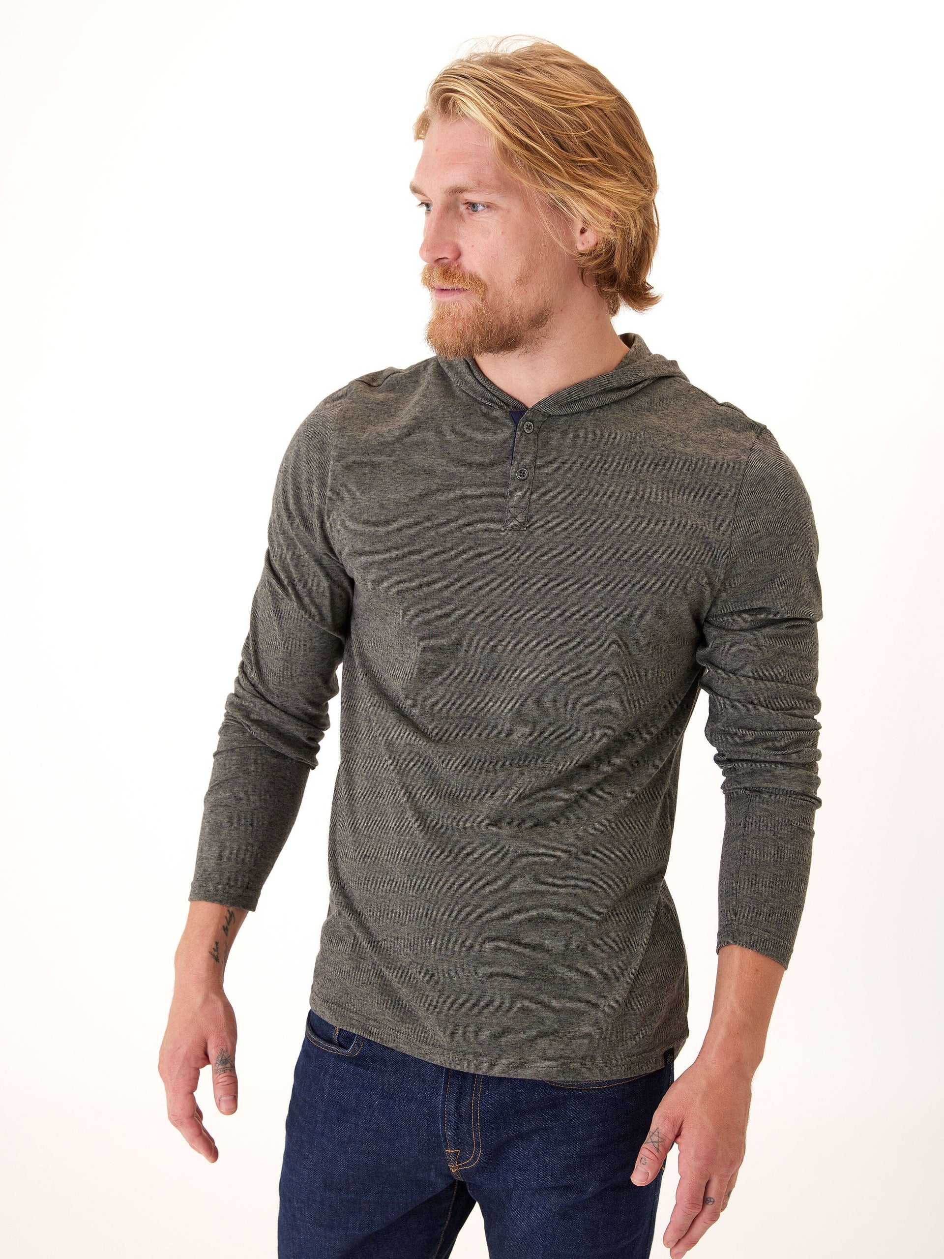 Black Fleck Triblend Henley Hoodie with Textured Knit