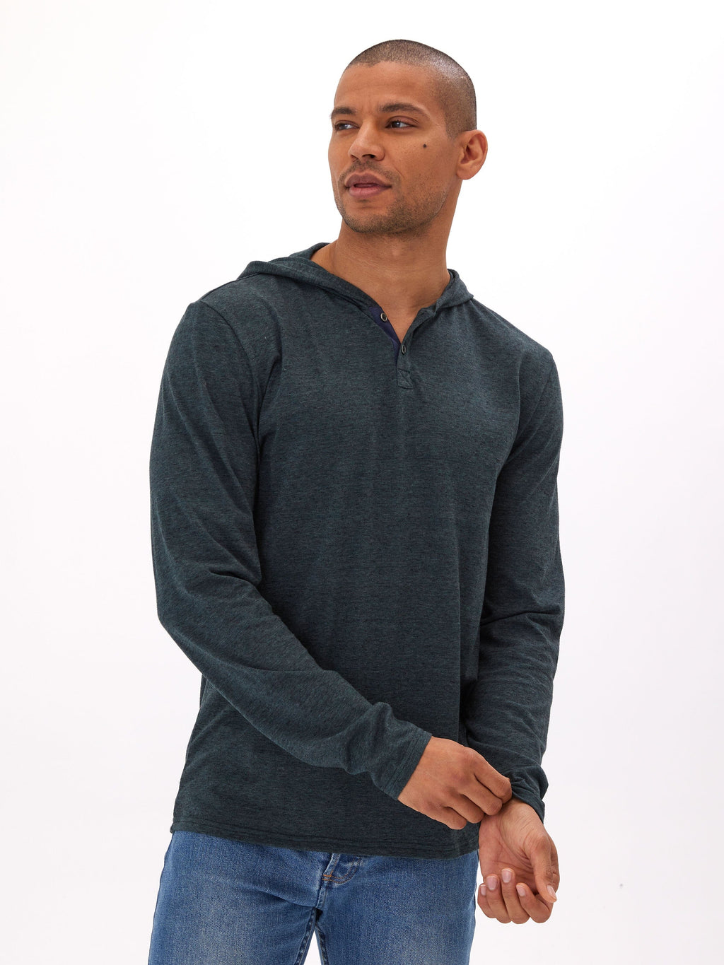 Black Fleck Triblend Henley Hoodie with Textured Knit