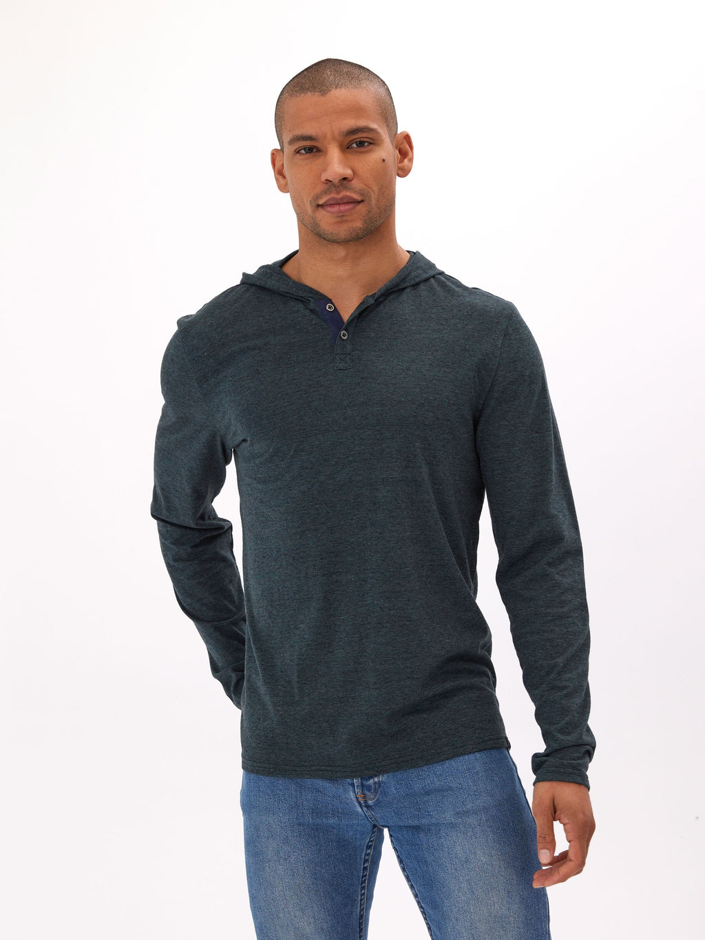 Black Fleck Triblend Henley Hoodie with Textured Knit