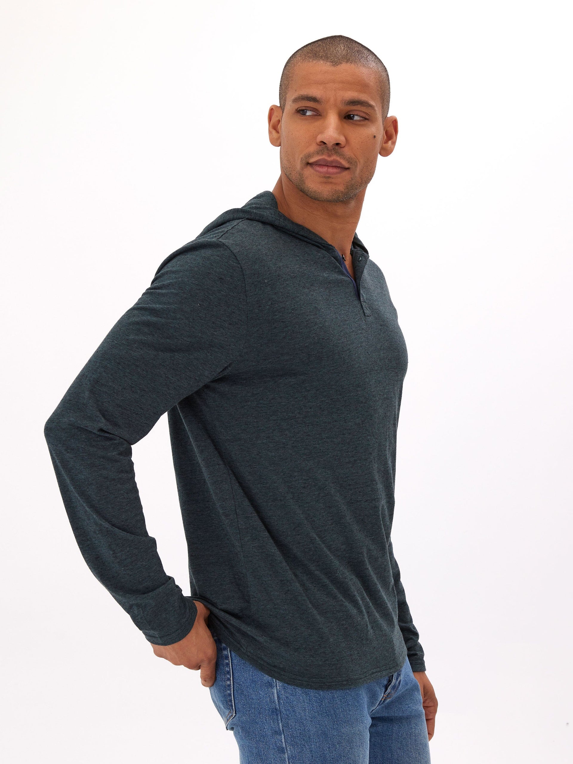 Black Fleck Triblend Henley Hoodie with Textured Knit