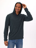Close up of Black Fleck Triblend Henley Hoodie showing textured knit fabric and 2-button front closure