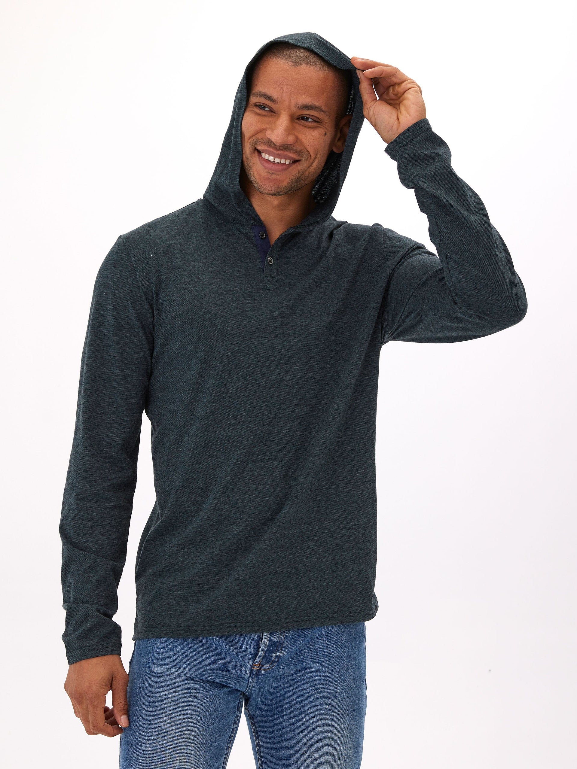 Close up of Black Fleck Triblend Henley Hoodie showing textured knit fabric and 2-button front closure