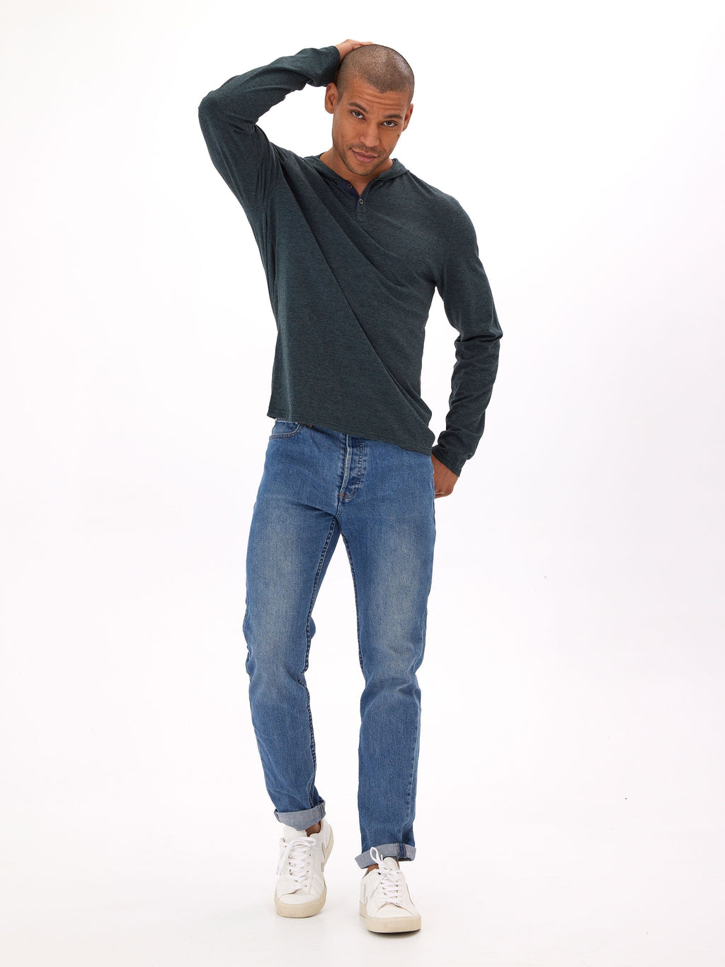 Black Fleck Triblend Henley Hoodie with Textured Knit