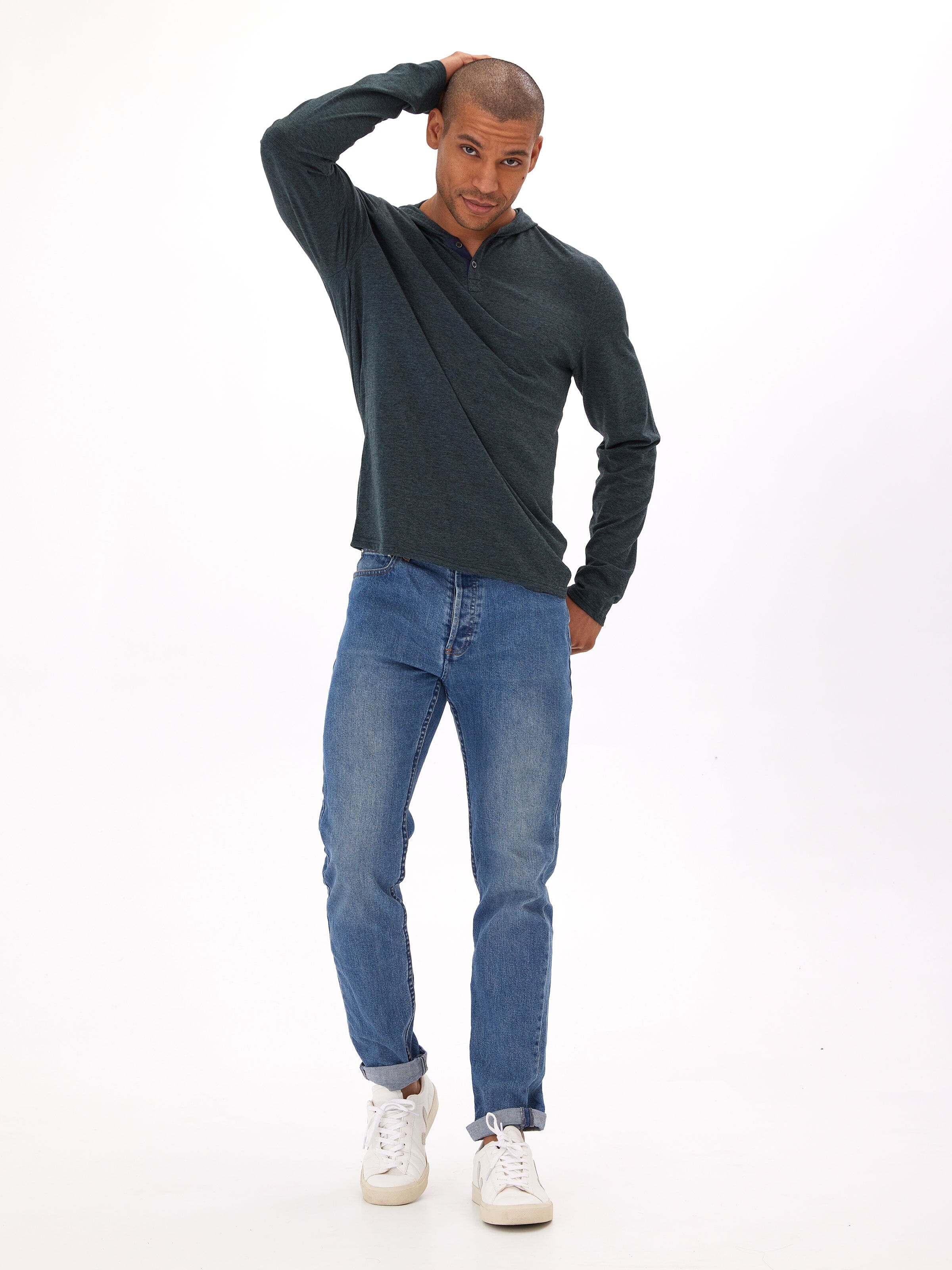 Black Fleck Triblend Henley Hoodie with Textured Knit
