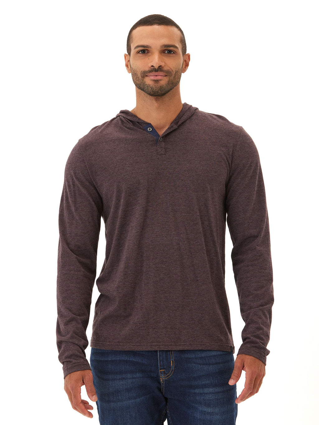 Close up of Black Fleck Triblend Henley Hoodie featuring textured knit fabric and 2-button closure