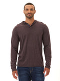 Close up of Black Fleck Triblend Henley Hoodie featuring textured knit fabric and 2-button closure