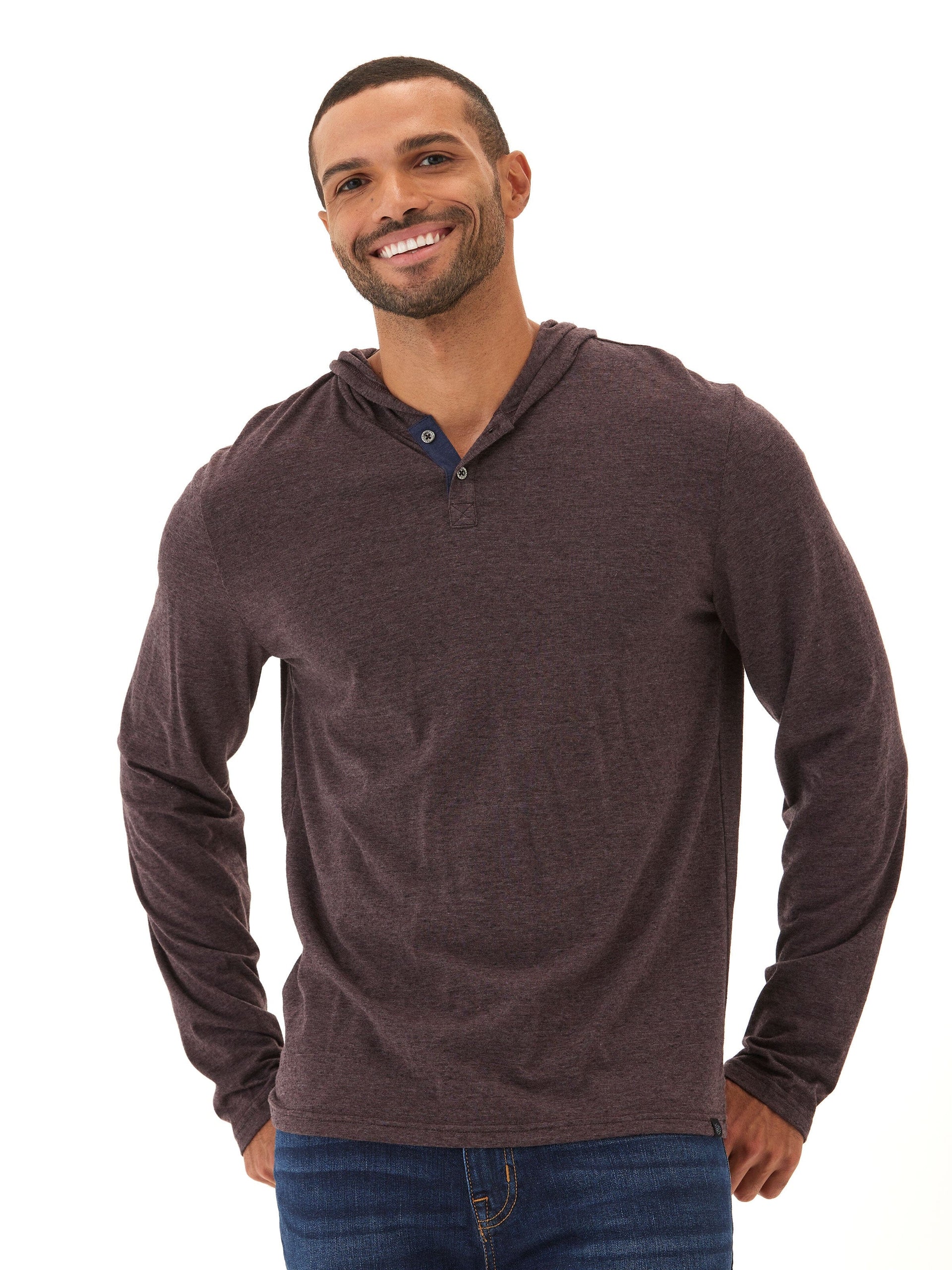 Black Fleck Triblend Henley Hoodie with Textured Knit