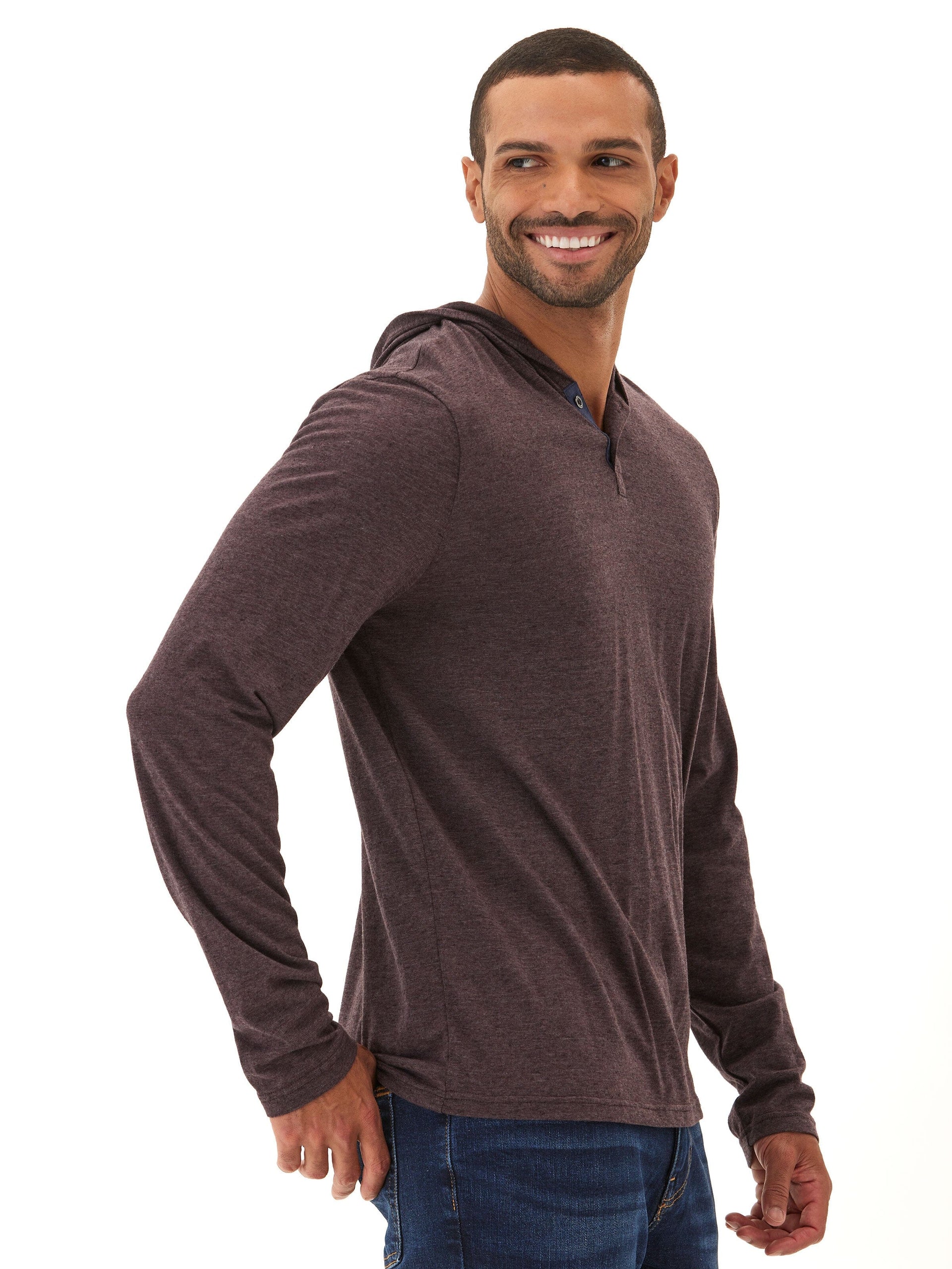 Black Fleck Triblend Henley Hoodie with Textured Knit