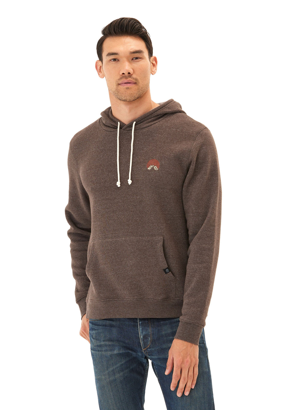 Close-up of embroidered triblend fleece hoodie showing fabric texture and hoodie construction