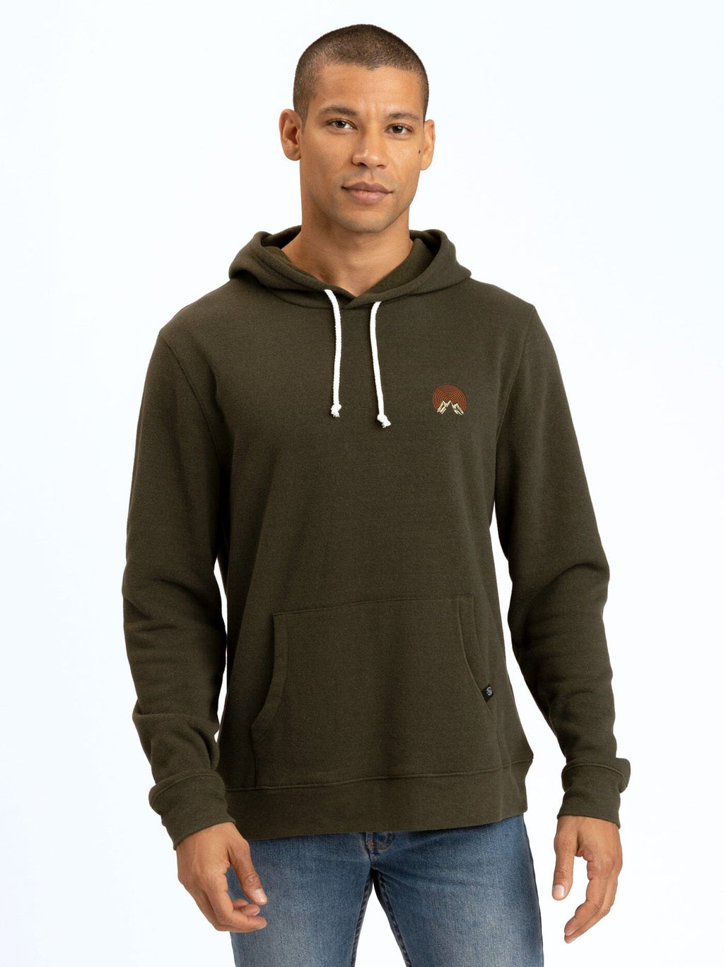 Men's solid color embroidered pullover hoodie in olive green with soft fleece texture.