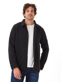 Men wearing a black Mika triblend fleece button down shirt with a collared neckline and long sleeves.