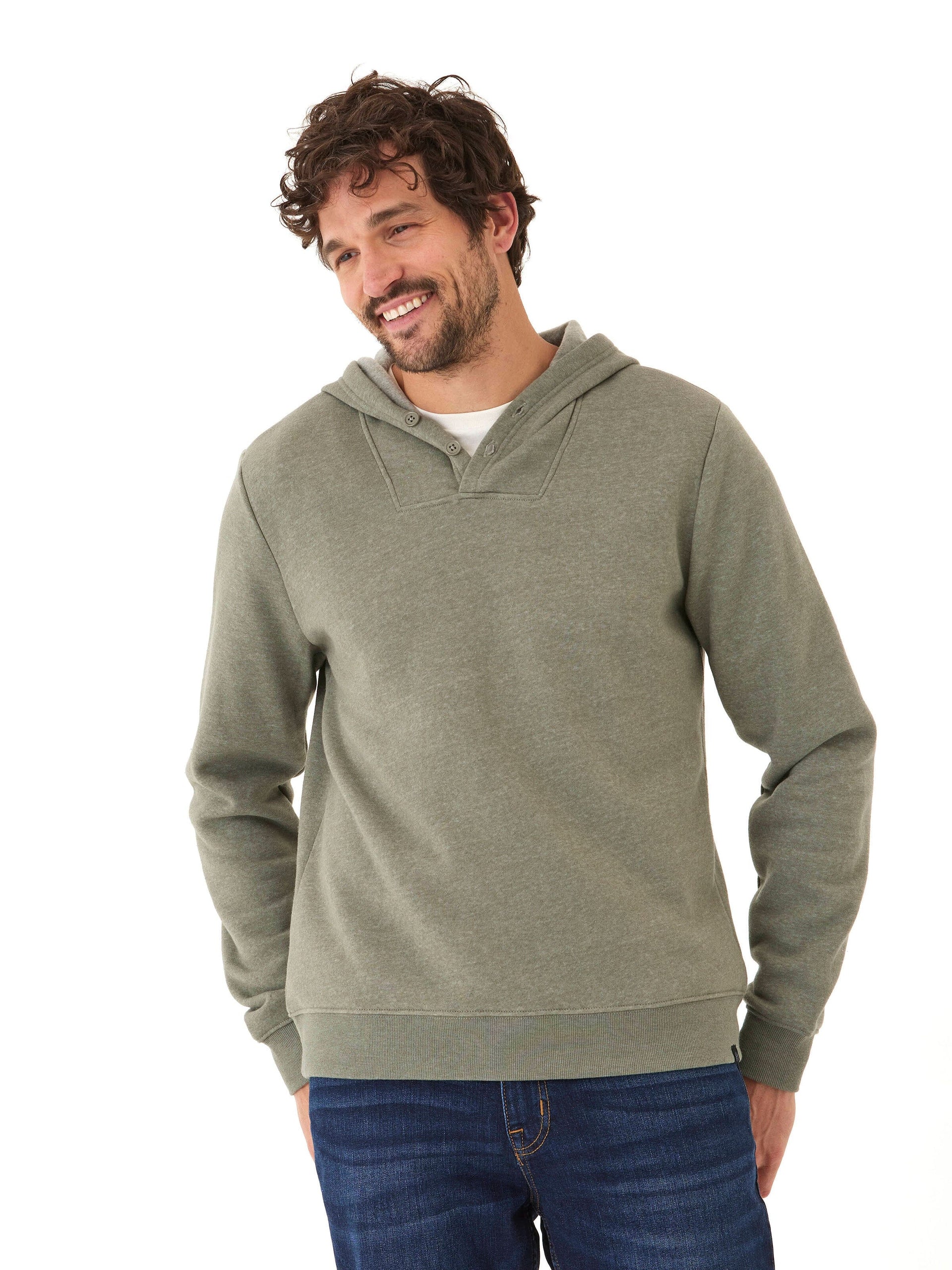 Men's olive green triblend fleece henley hoodie with button details