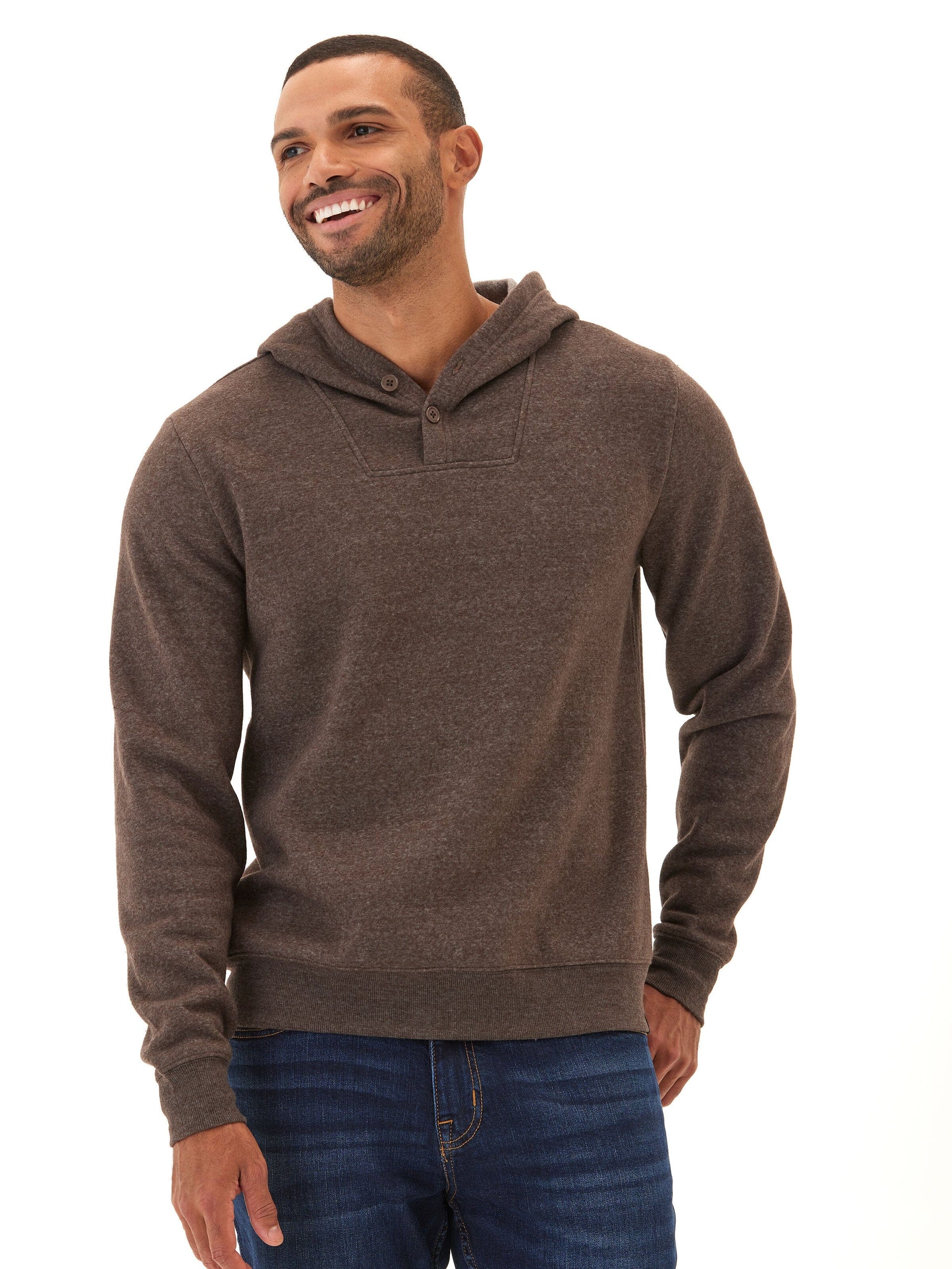 Men's Kieran Triblend Fleece Henley Hoodie in brown with button detailing