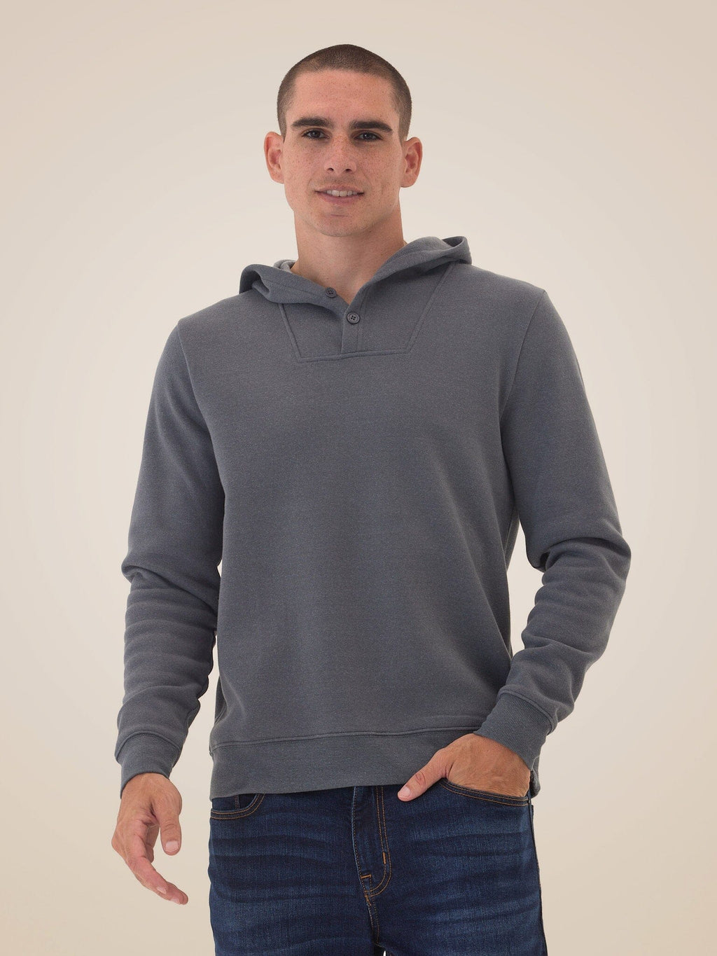 Kieran Triblend Fleece Henley Hoodie in Heathered Charcoal Grey