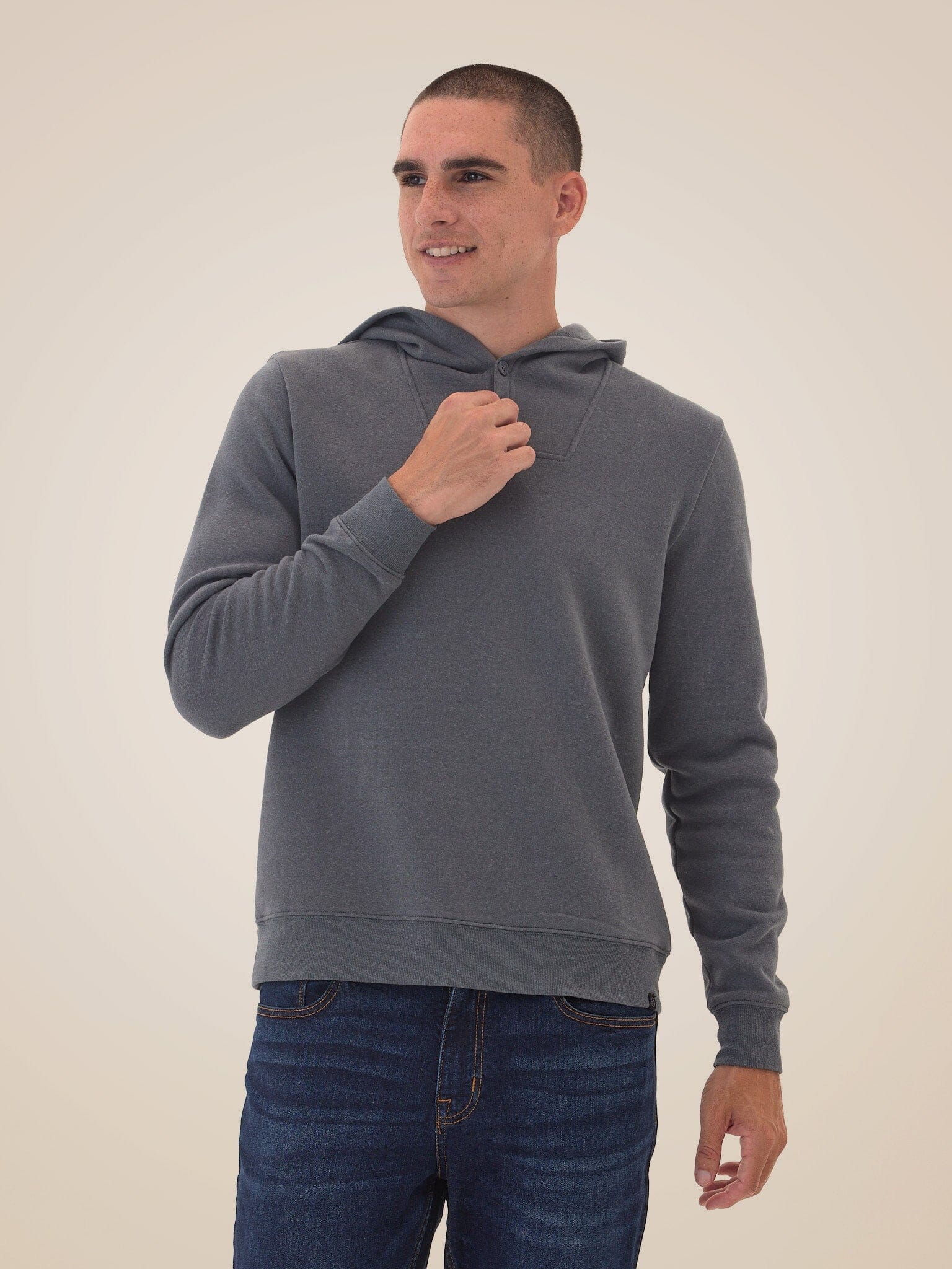 Kieran Triblend Fleece Henley Hoodie in solid heathered charcoal grey with button detail