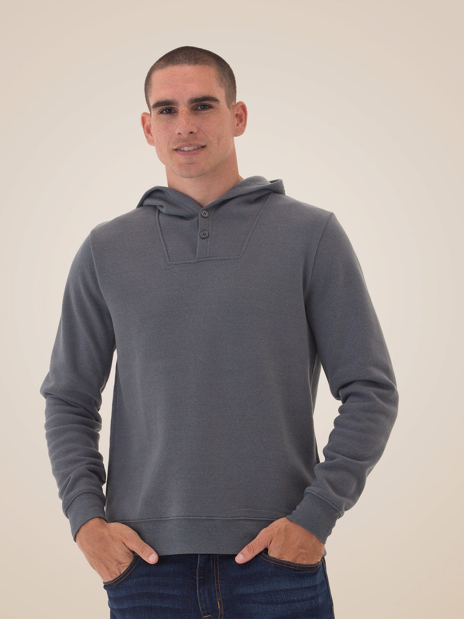 Kieran Triblend Fleece Henley Hoodie in Heathered Charcoal Grey