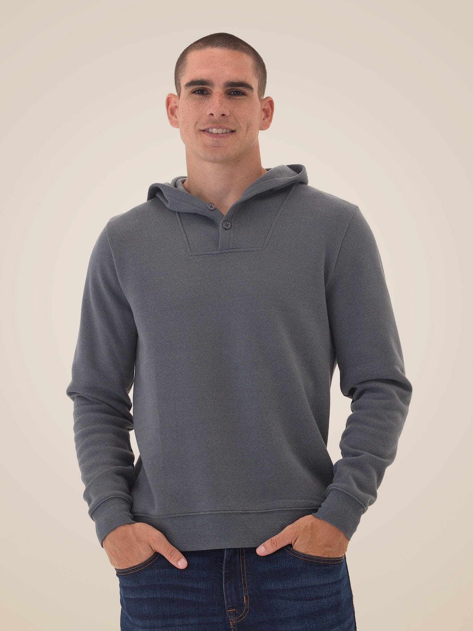 Kieran Triblend Fleece Henley Hoodie in Heathered Charcoal Grey