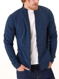 Men wearing a heathered navy blue Brandon Triblend Fleece Full Zip Jacket with a collared neckline.