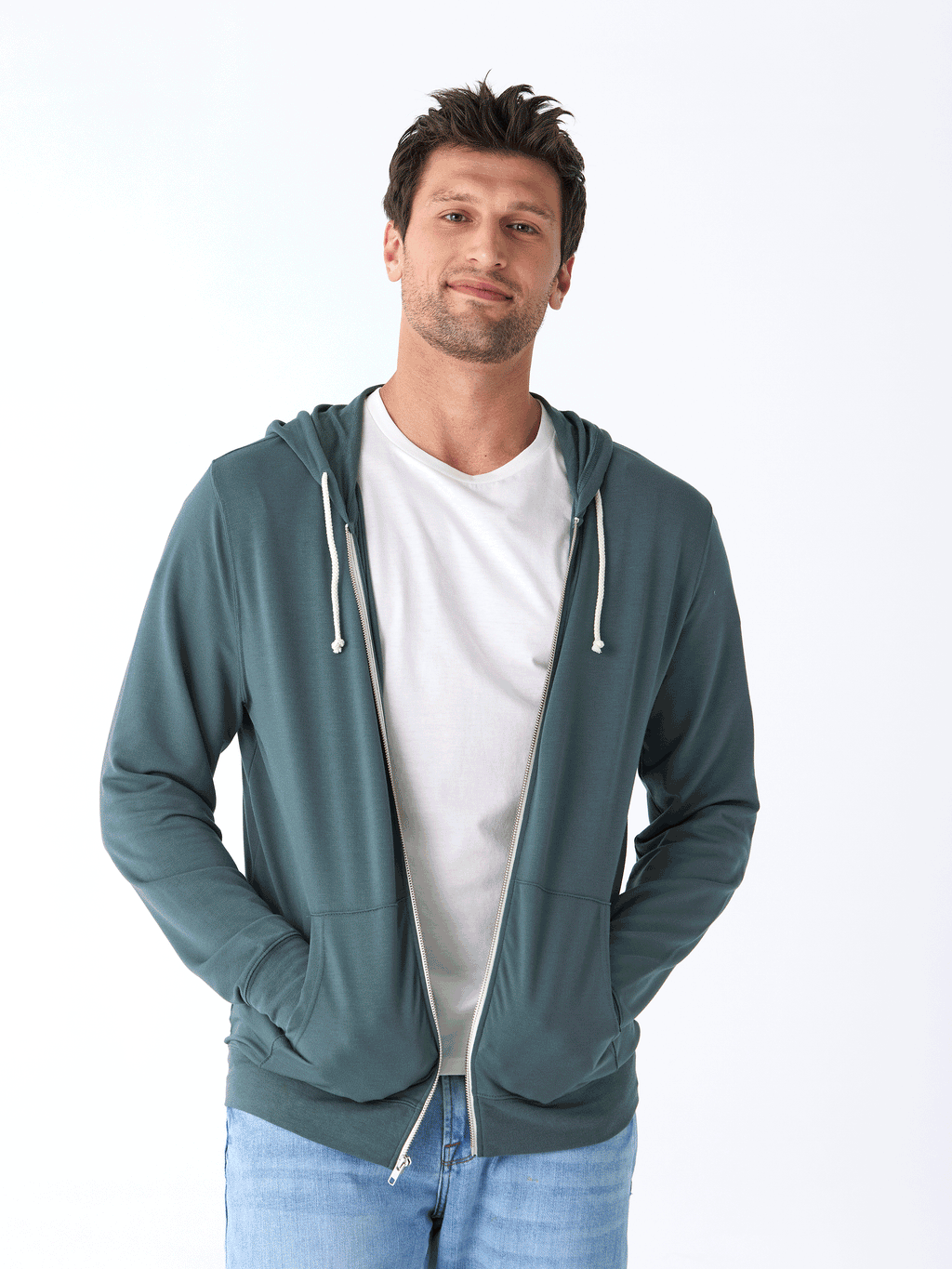 Nathan Modal Terry Full-Zip Hoodie in Teal and White