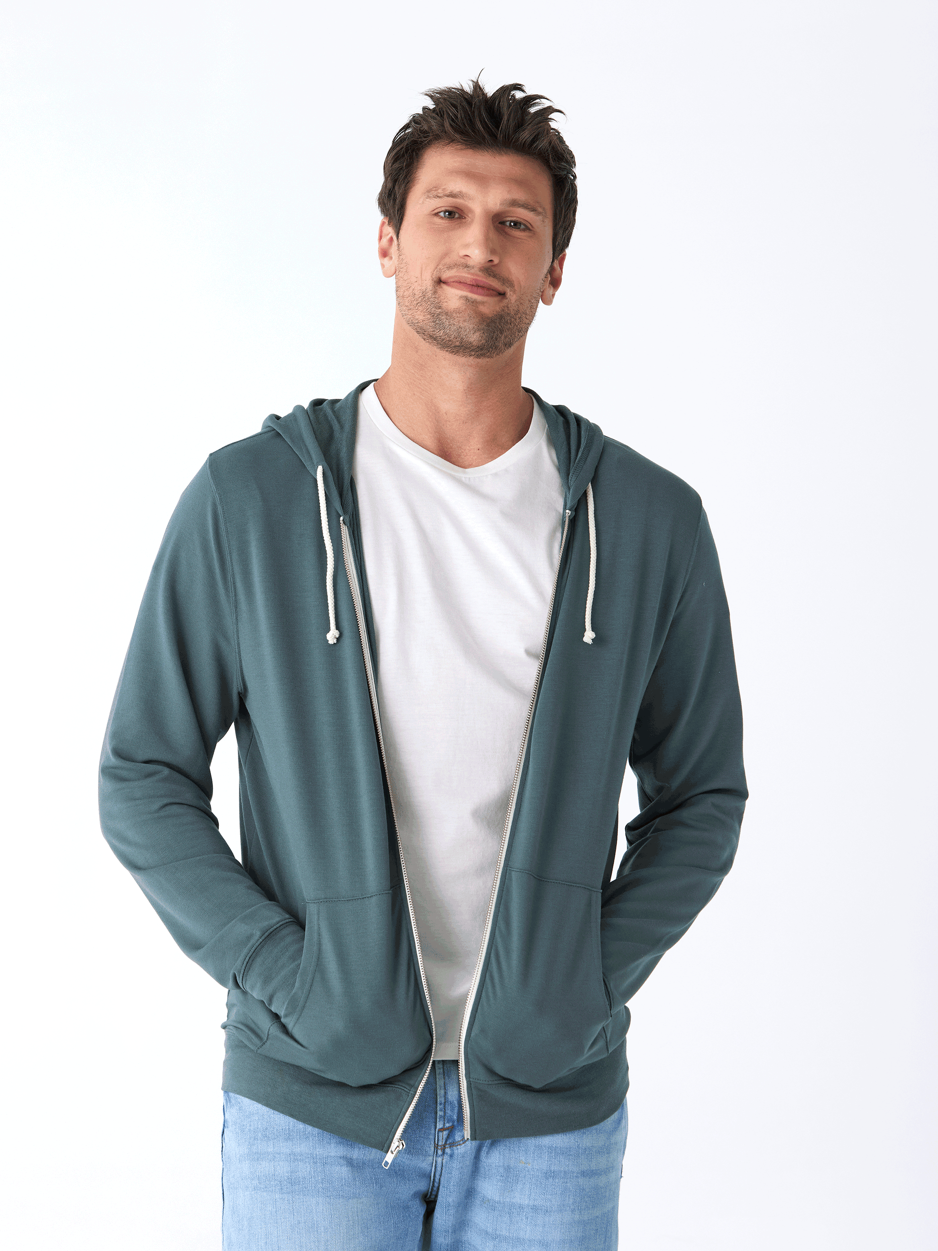 Nathan Modal Terry Full-Zip Hoodie in Teal and White