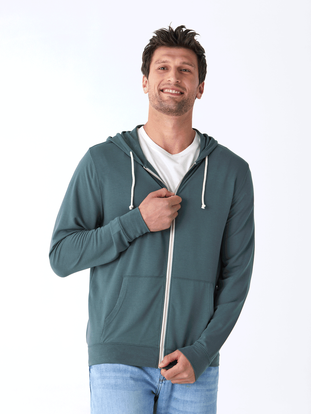 Nathan Modal Terry Full-Zip Hoodie in Teal and White