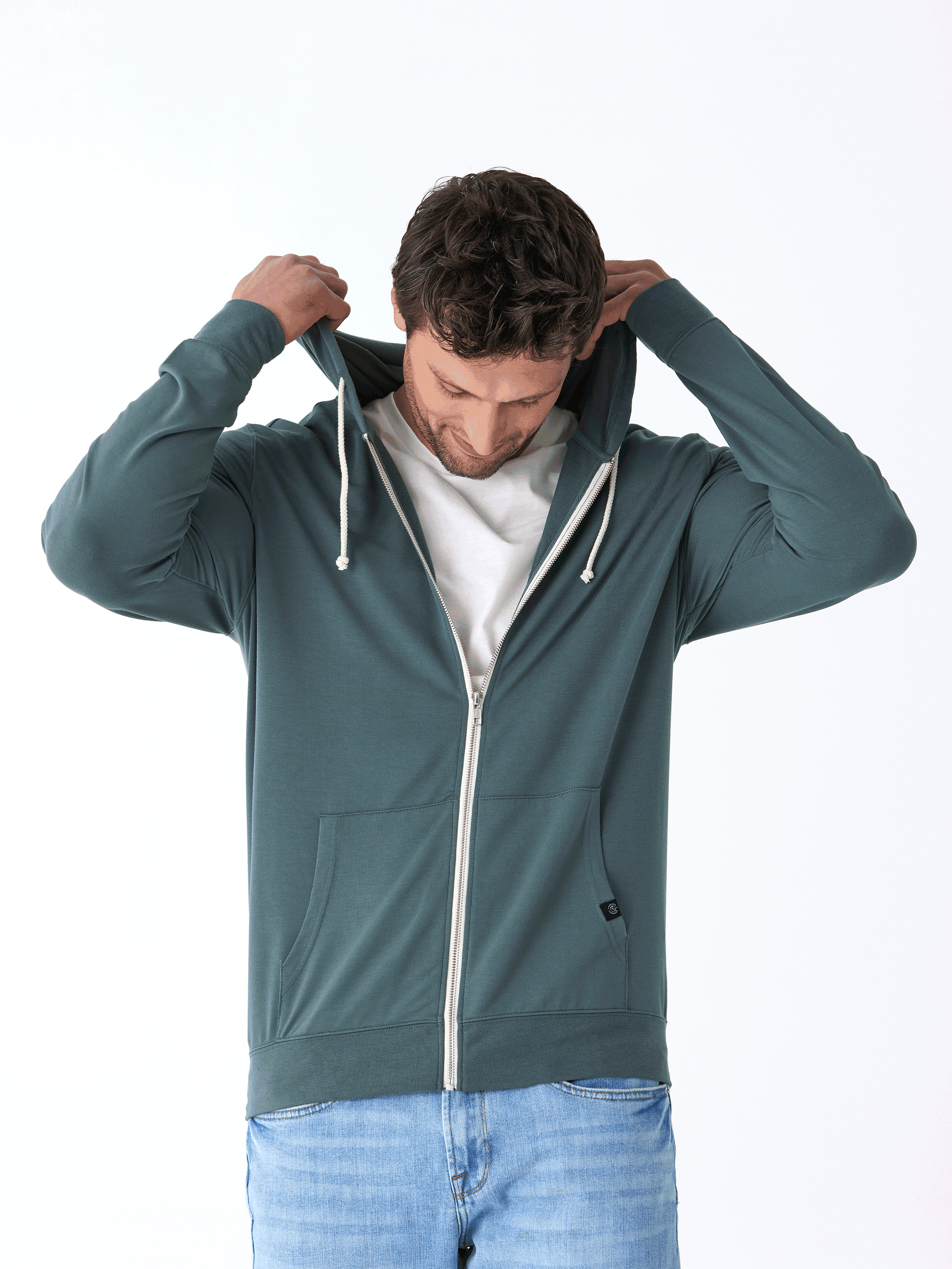 Nathan Modal Terry Full-Zip Hoodie in Teal and White