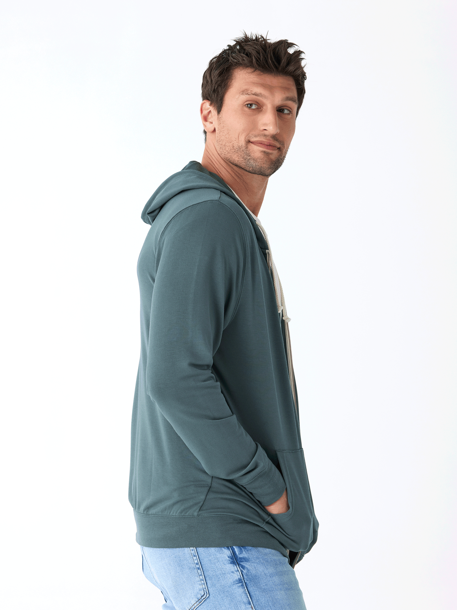 Nathan Modal Terry Full-Zip Hoodie in Teal and White