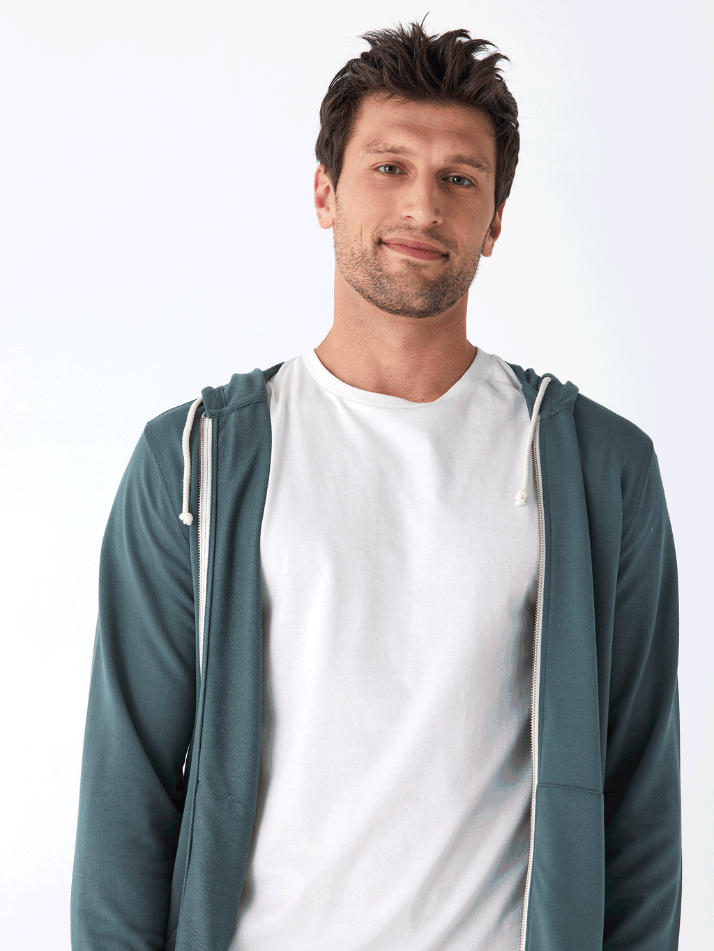 Nathan Modal Terry Full-Zip Hoodie in Teal and White