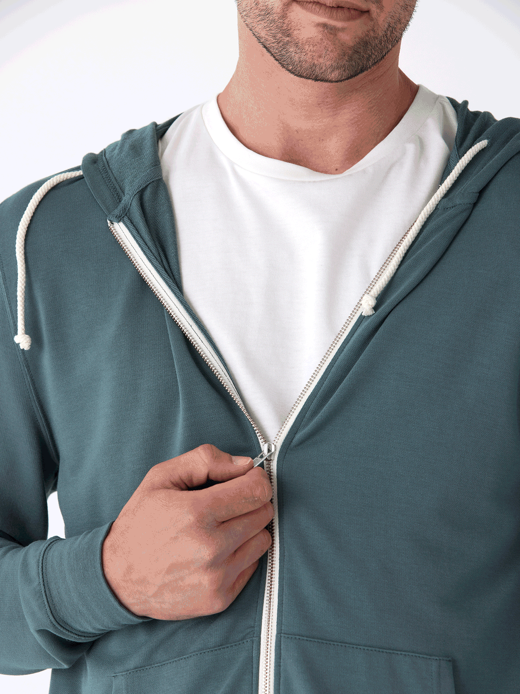 Nathan Modal Terry Full-Zip Hoodie in Teal and White