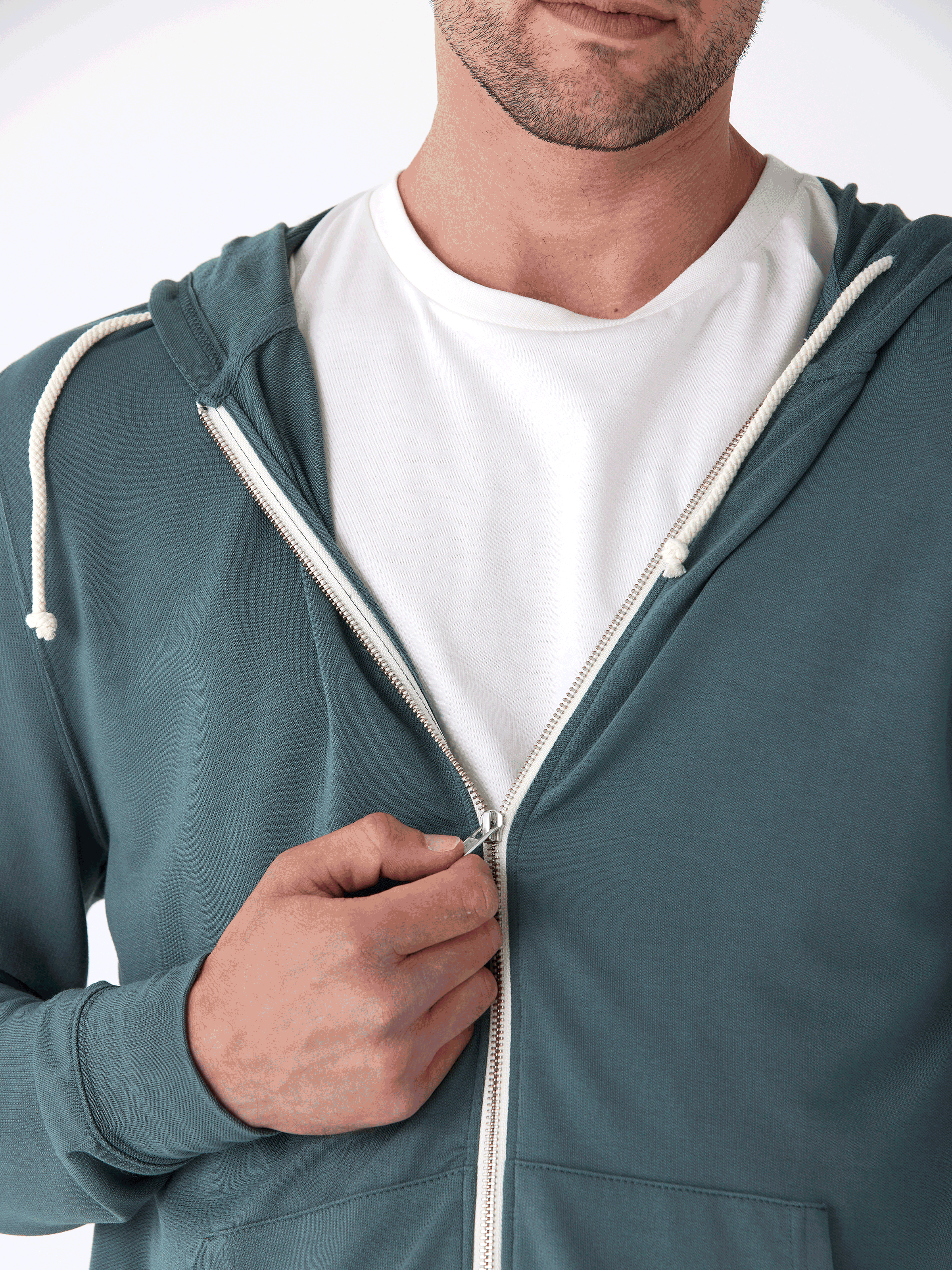 Nathan Modal Terry Full-Zip Hoodie in Teal and White