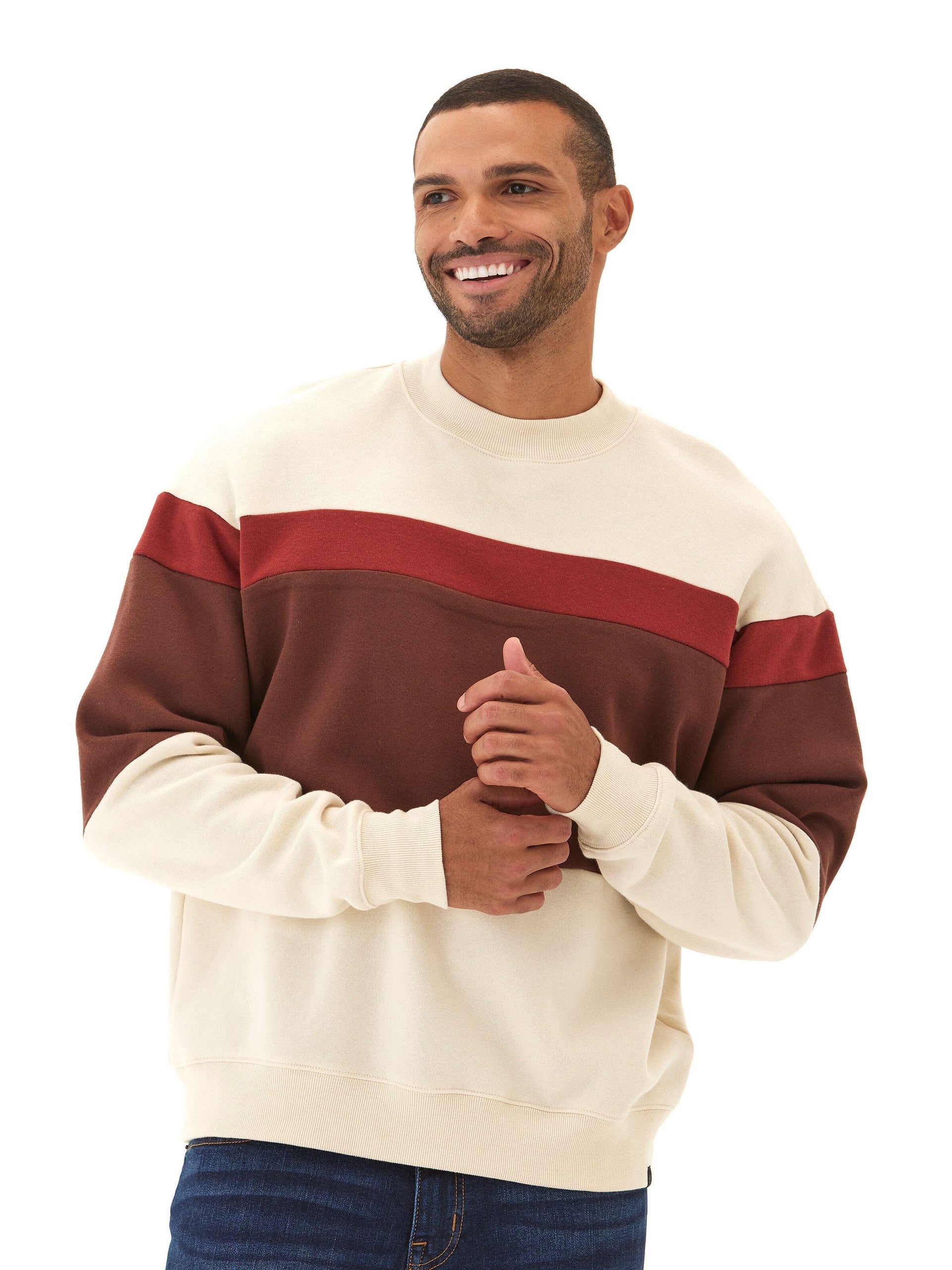 Front view of an oversized Rudy CVC Fleece Colorblock Pullover with a crewneck design.